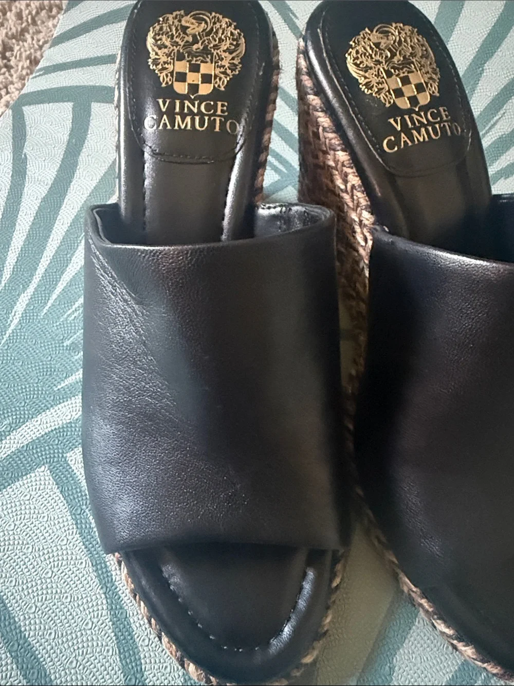 Vince Camuto Black Leather Espadrille Wedge Mule